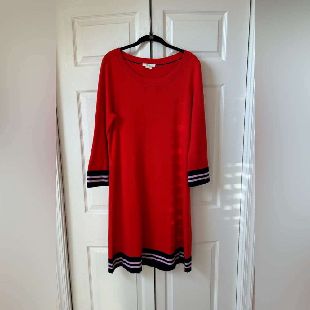 Red wool knot dress with blue and pink banding